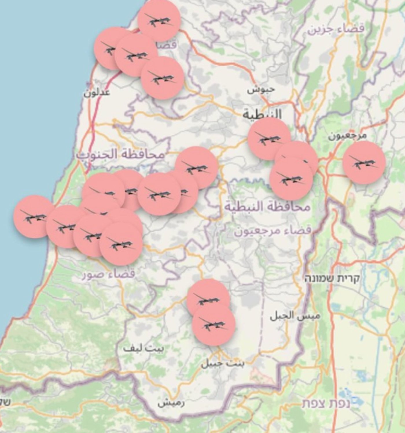 מפת פעילות חיל האוויר בשמי לבנון כפי שפרסמו בלבנון
