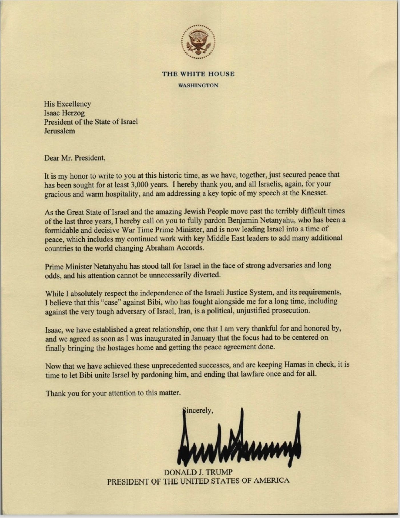 איגרת החנינה לנתניהו של הנשיא טראמפ