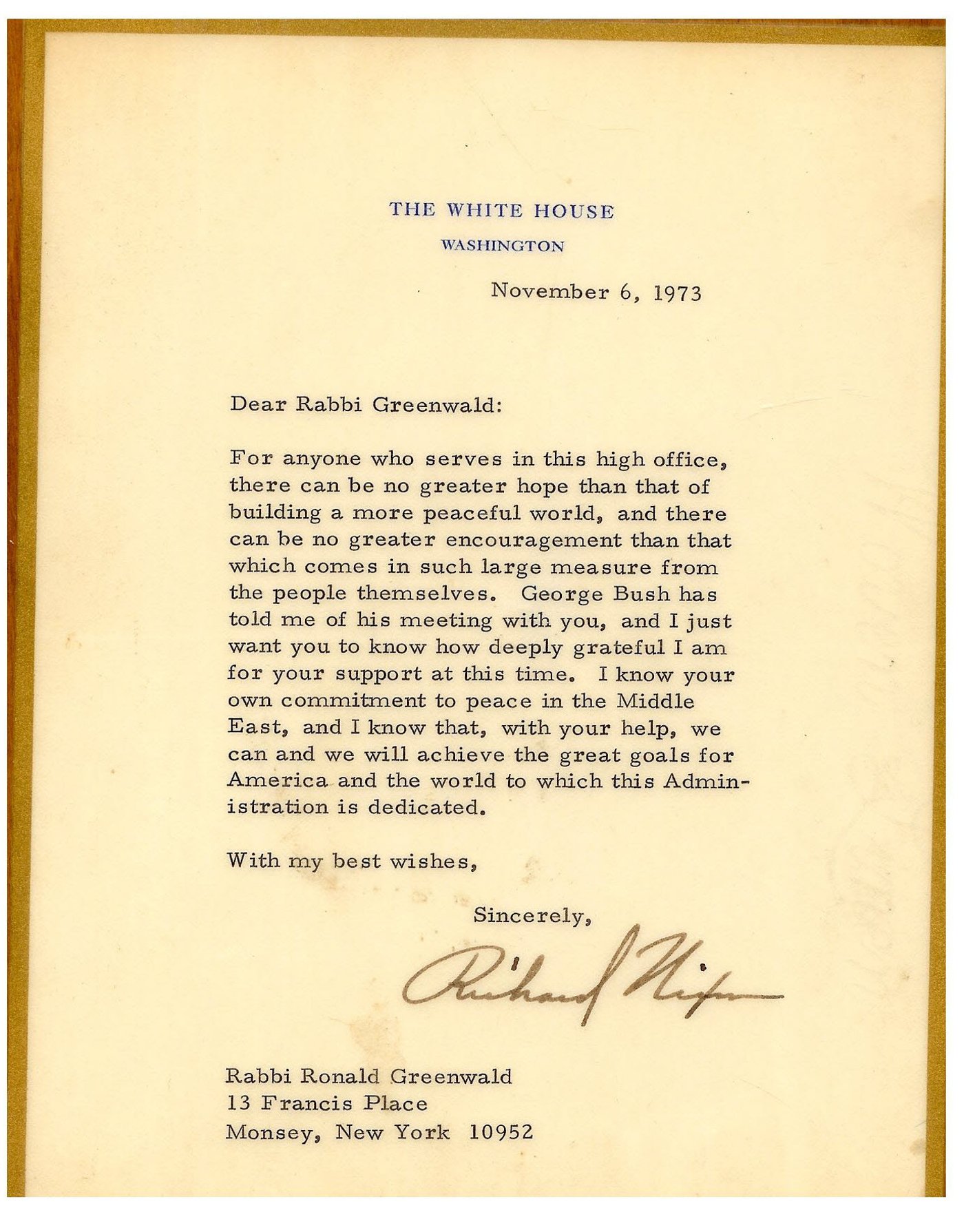 מכתב מנשיא ארה"ב ריצ'רד ניקסון לגרינוולד