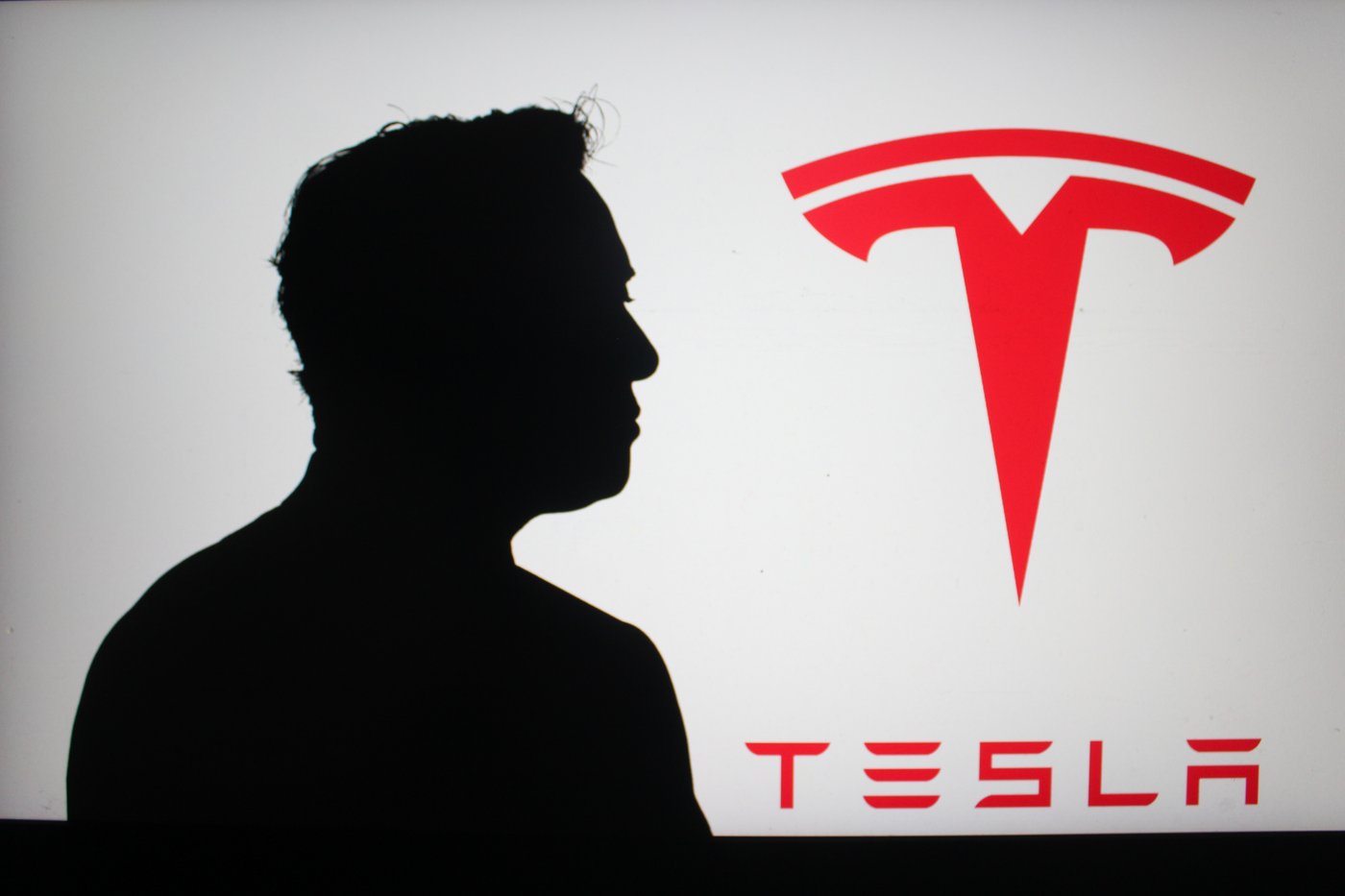 צללית של אילון מאסק על רקע סמל טסלה