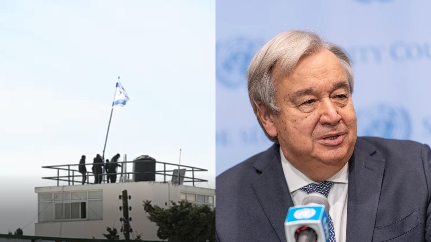 מימין - מזכ"ל האו"ם | משמאל-דגל ישראל הונף על גג מטה אונר"א במזרח ירושלים