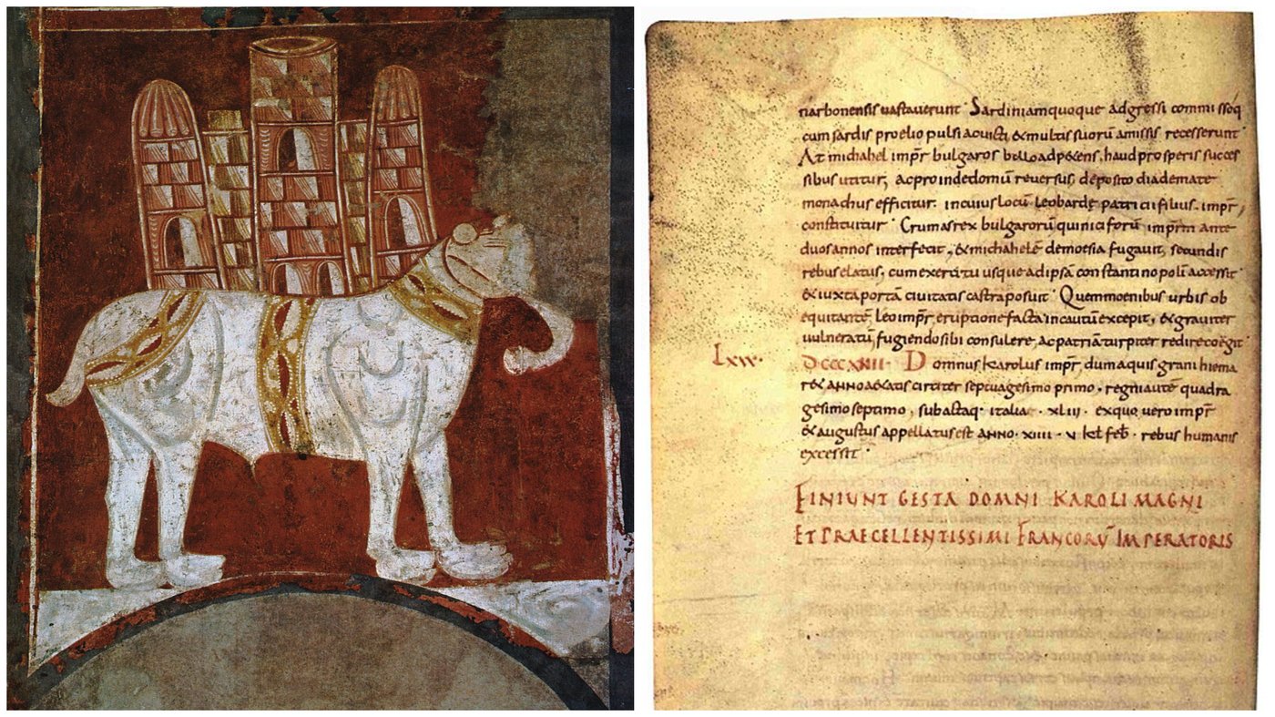 האנאלים של הממלכה הפרנקית, (814) כרוניקה רשמית המסודרת לפי שנים. מתעדת את ההיסטוריה של השושלת הקרולינגית, כולל אירועים כמו סיפור יצחק היהודי והפיל | "פיל ומבצר", ציור קיר מהמאה ה-12 אצור במוזיאון הפראדו במדריד, ספרד