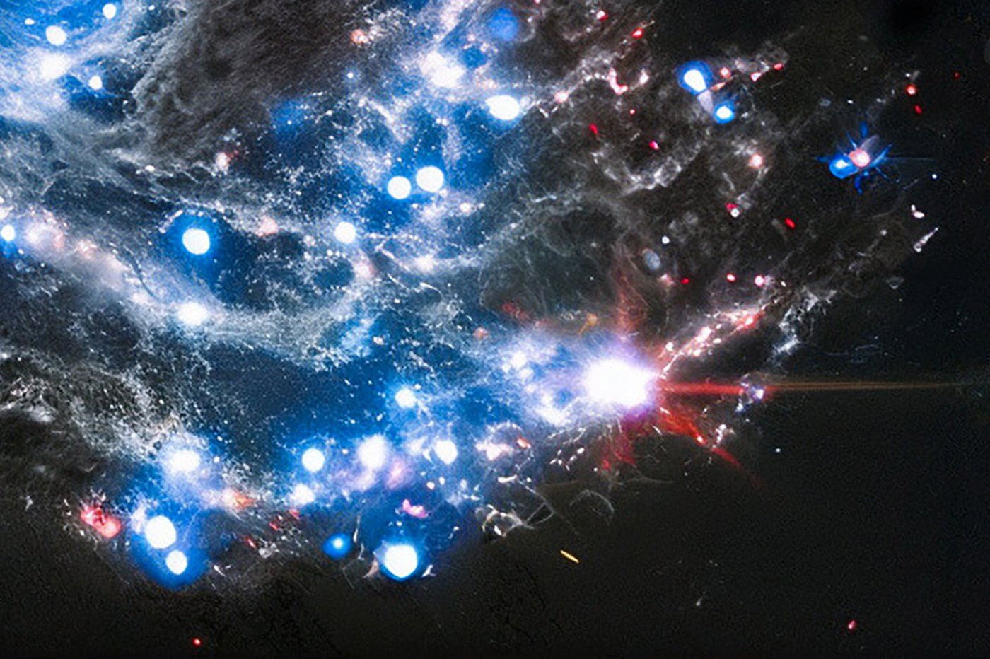 תצפיות צ׳נדרה, בצבע כחול, מסמנות אזורים שבהם הגז הלוהט הגיע לטמפרטורות של מיליוני מעלות