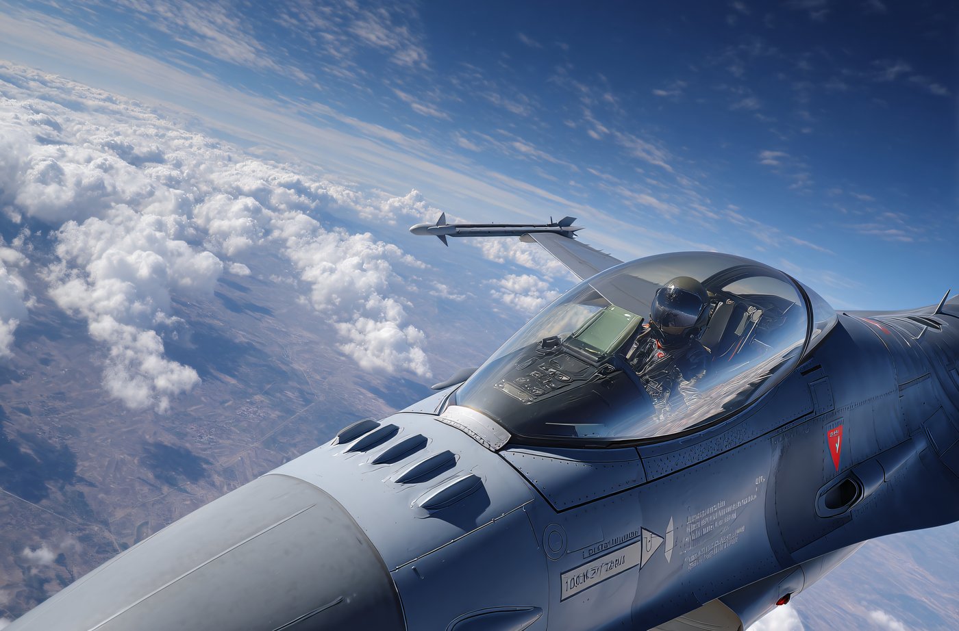 מטוס קרב F-16 טס גבוה מעל העננים