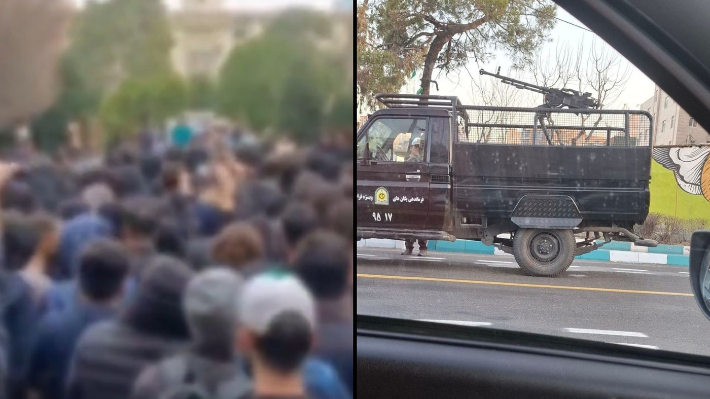 כוחות איראנים ליד הפגנה באוניברסיטת טהרן, משמאל ההפגנות היום