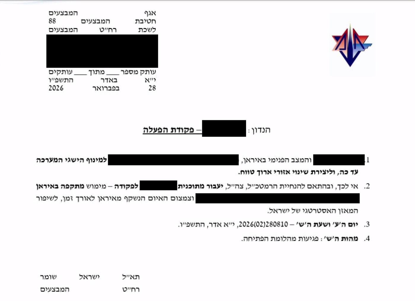 פקודת אגף המבצעים ליציאה למבצע "שאגת הארי"