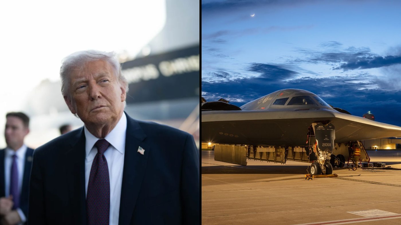 מימין מטוס B-2, משמאל הנשיא טראמפ