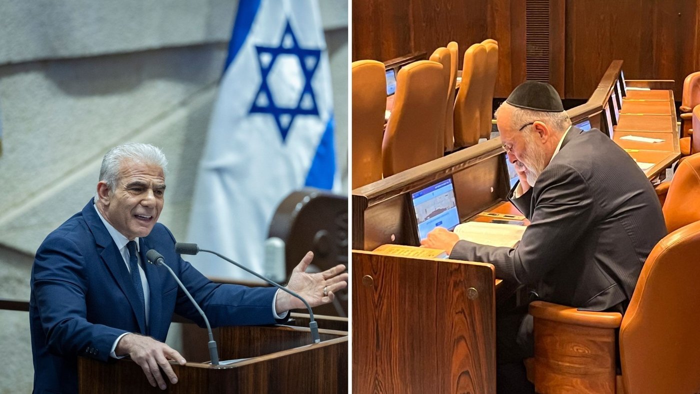 מימין: יו"ר ש"ס בלימוד במליאה, משמאל: יו"ר האופוזיציה יאיר לפיד