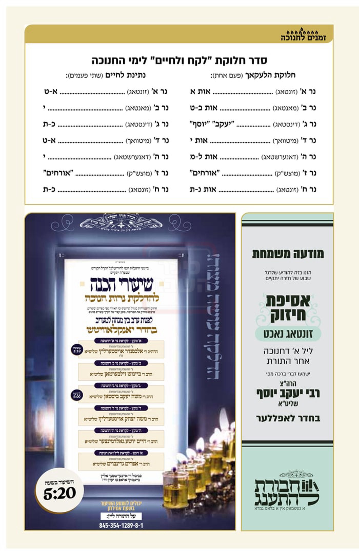 זמני חנוכה בחצה"ק סקווירא