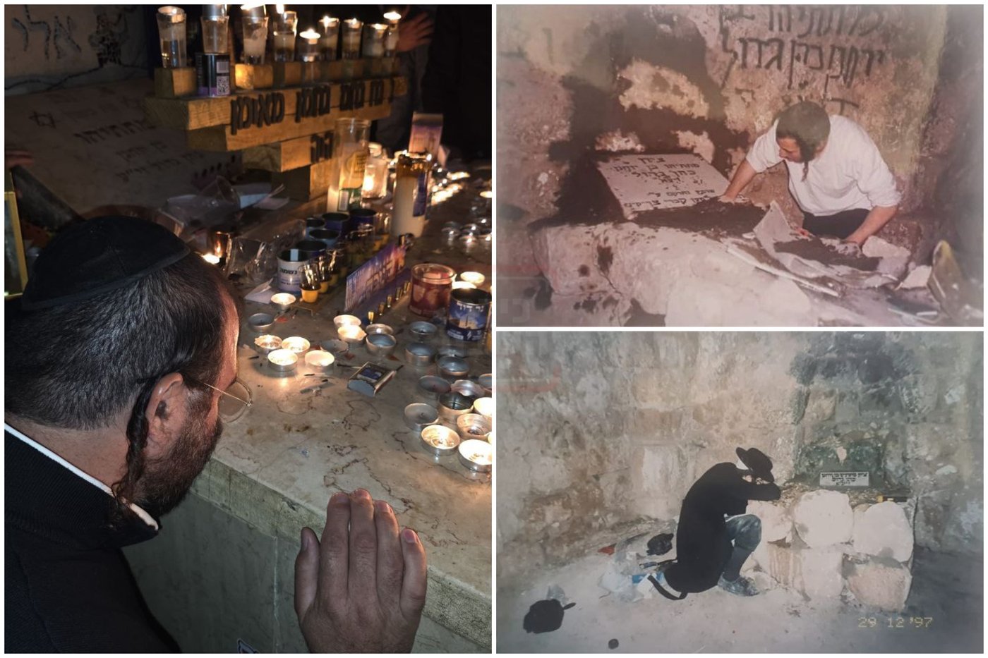 מימין - נחמן לנגר בבניית המצבה בקבר מתתיהו ביער בן שמן | משמאל - לנגר מנשק את המצבה בקבר מתתיהו אותה בנה לפני 25 שנים