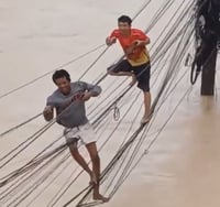 נאחזים בחוטי חשמל - השיטפונות בתאילנד