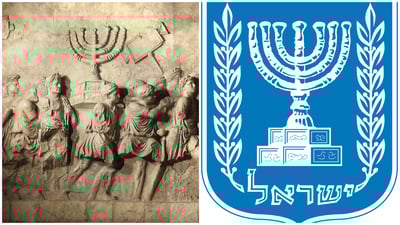 המנורה בסמל המדינה לצד המקור שער הניצחון של טיטוס 