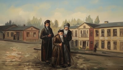 רבי עקיבא איגר מלווה בדייני פוזנא, הרב יעקב קולבארי והרב משה לנדסברג (או שמואל פוגלסדורף) (1837) פרט מעובד מתוך ציורו של יוליוס קנור אזור השוק בפוזן