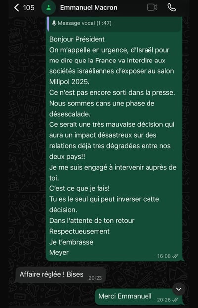 מקרון שלח "נשיקות" בהודעה לפרלמנטר היהודי - והורה על הסרת החרם | ההתכתבות האישית עם הנשיא