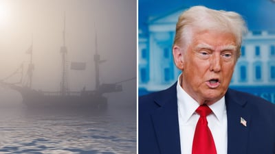 מימין הנשיא טראמפ, משמאל אילוסטרציה של ספינה