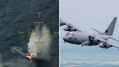 מימין מטוס AC-130J מדגם Ghostrider, משמאל הסירה שהופגזה
