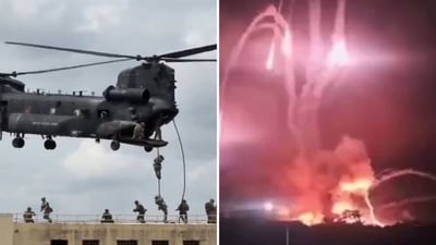 מימין הפיצוצים במבצע ללכידת מדורו, משמאל תרגיל פשיטה של צבא ארה"ב