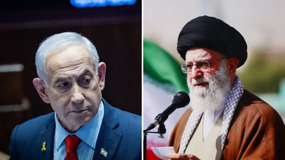 מימין המנהיג עלי חמינאי, משמאל נתניהו