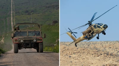 מימין מסוק אפאצ'י, משמאל רכב צבאי, אילוסטרציה