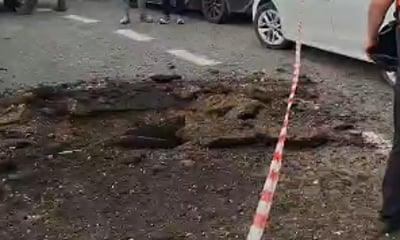 בור נפער בכביש בצפון, לאחר נפילת רסיס מהמטח ששוגר מאיראן | תיעוד