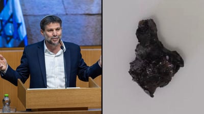 מימין תמונת הרסיס שפגע בבניה סמוטריץ, משמאל שר האוצר בצלאל סמוטריץ