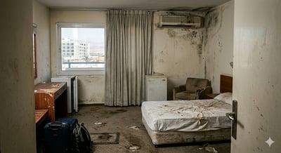 סדינים מוכתמים, עובש וריהוט קרוע.