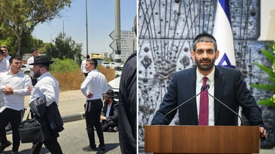 מימין: מיכאל מלכיאלי, משמאל: המחאה במעצר האברך אביאל כהן