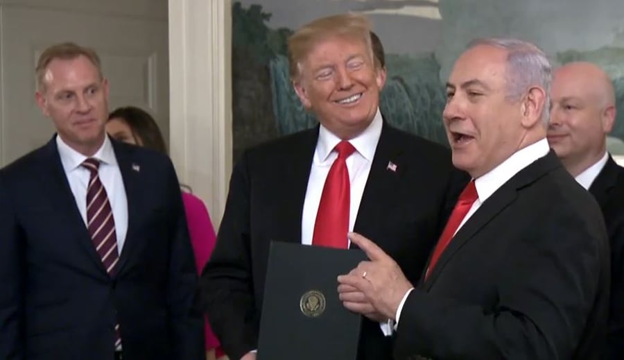 טראמפ ונתניהו בטקס ההכרה בגולן בבית הלבן