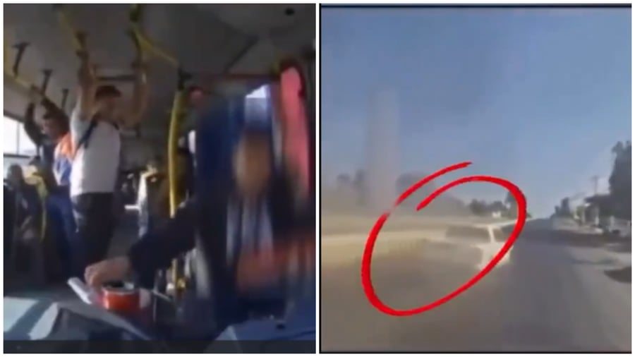 מימין, רכב ארגון הפשע שניסה לחסום את האוטובוס | משמאל, פנים האוטובוס בעת האירוע