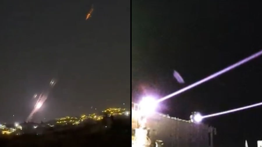 משמאל תיעוד ה'יירוט' שפורסם, מימין מערכת "אור איתן" בפעולה