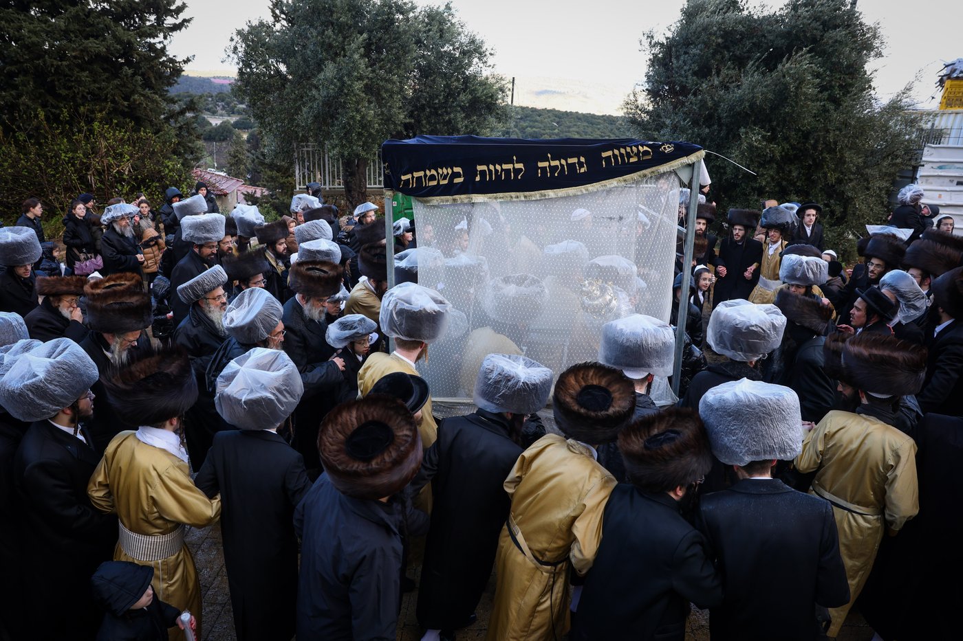 חסידי תולדות אהרון בהכנסת ספר תורה תחת גשם שוטף בציון הרשב"י במירון