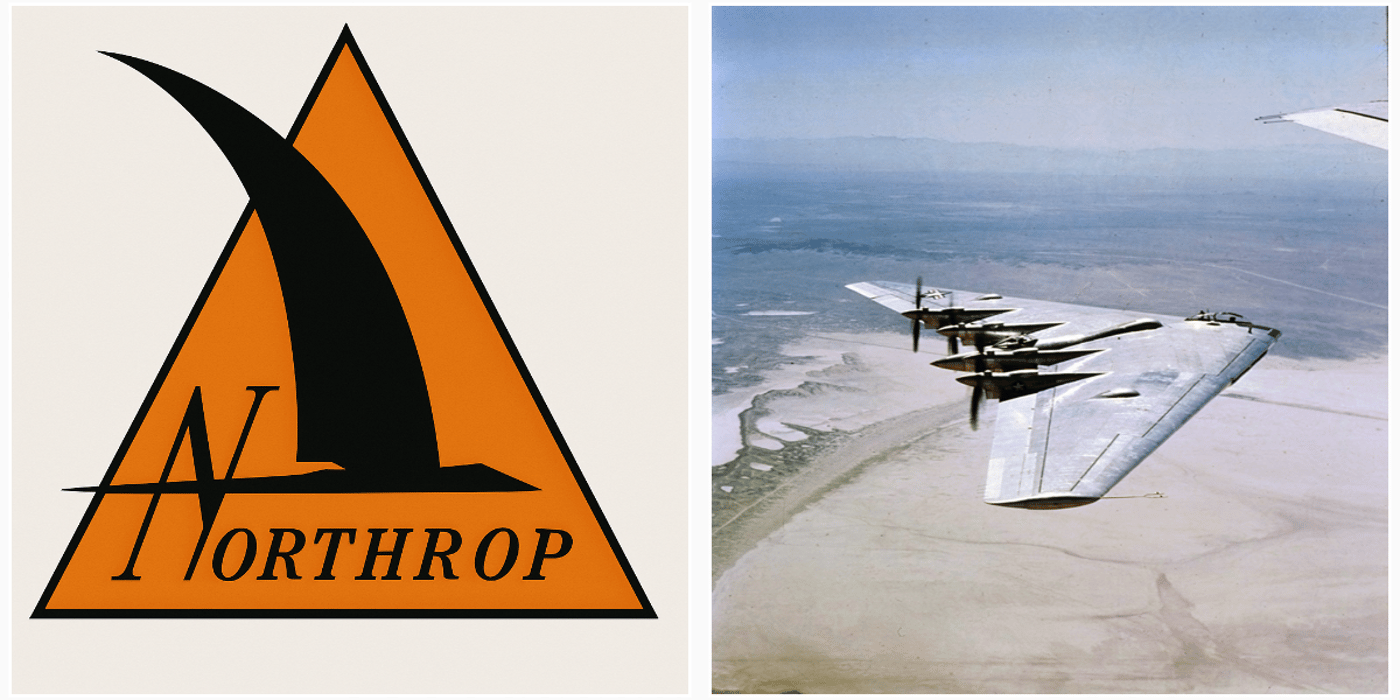 עיקרון כנף אחת - מימין: מפציץ YB-35 של נורת'רופ משנת (1947) - משמאל סמליל החברה