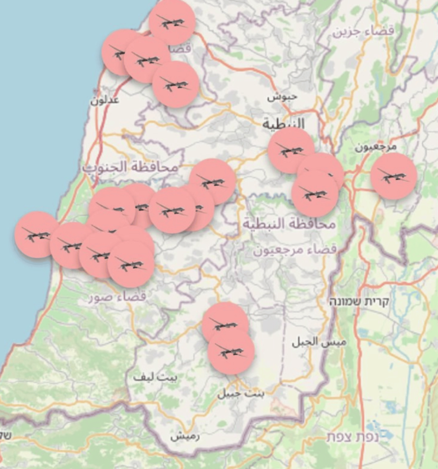 מפת פעילות חיל האוויר בשמי לבנון כפי שפרסמו בלבנון