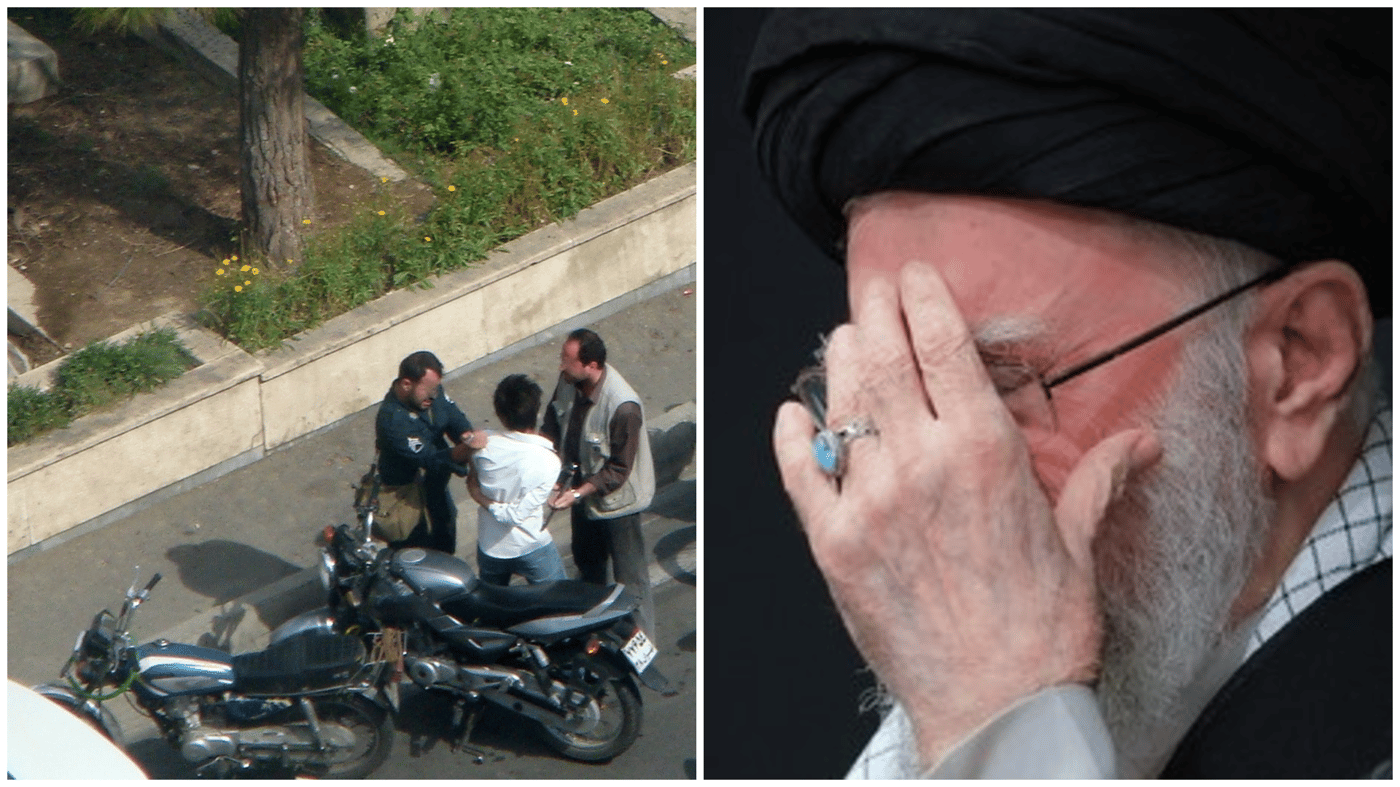 איש הבסיג' (מימין) ושוטר (משמאל) עוצרים צעיר איראני ליד הפרלמנט בטהראן, 24 ביוני 2009