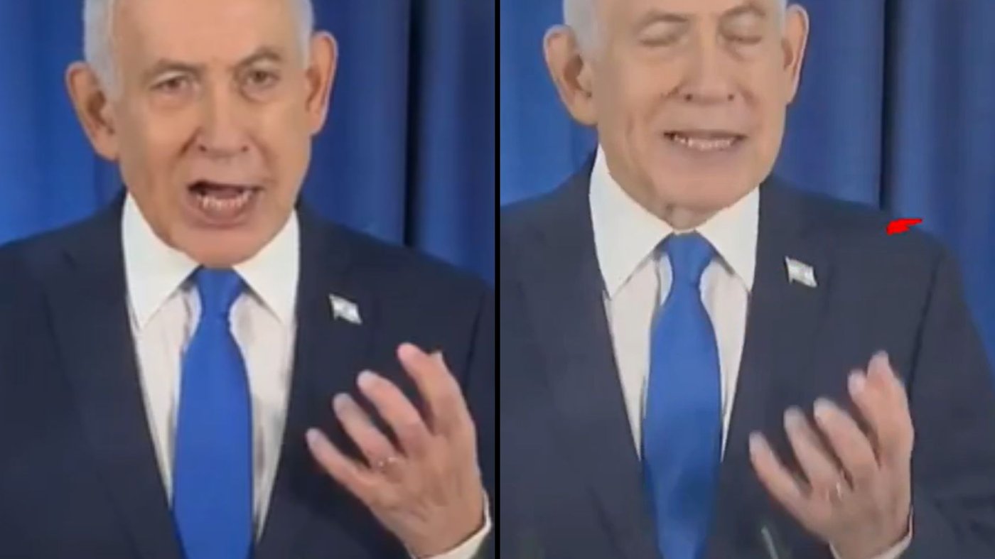 מימין תמונת מסך מהסרטון המזויף שהתפרסם כביכול נתניהו עם 6 אצבעות, משמאל המקורי
