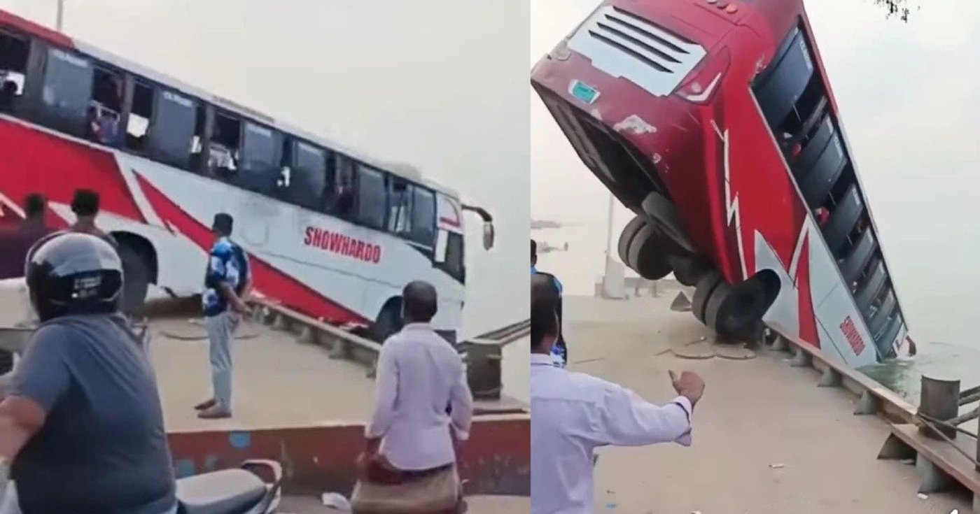 עשרות לכודים מתחת למים: אוטובוס עמוס בנוסעים צלל לנהר הפדמה  