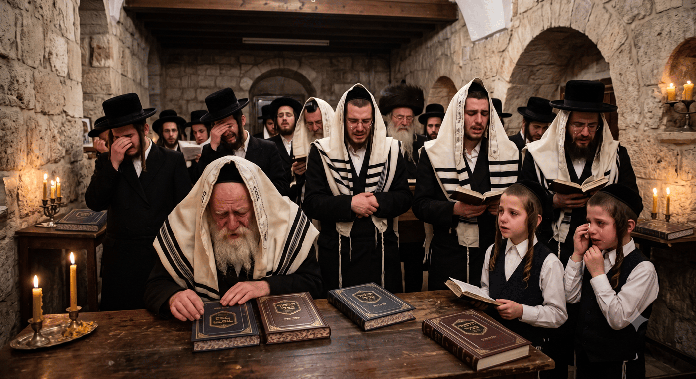 הדמיית יהודים צמים ומתפללים ביום תחילת לימוד מסכת חולין