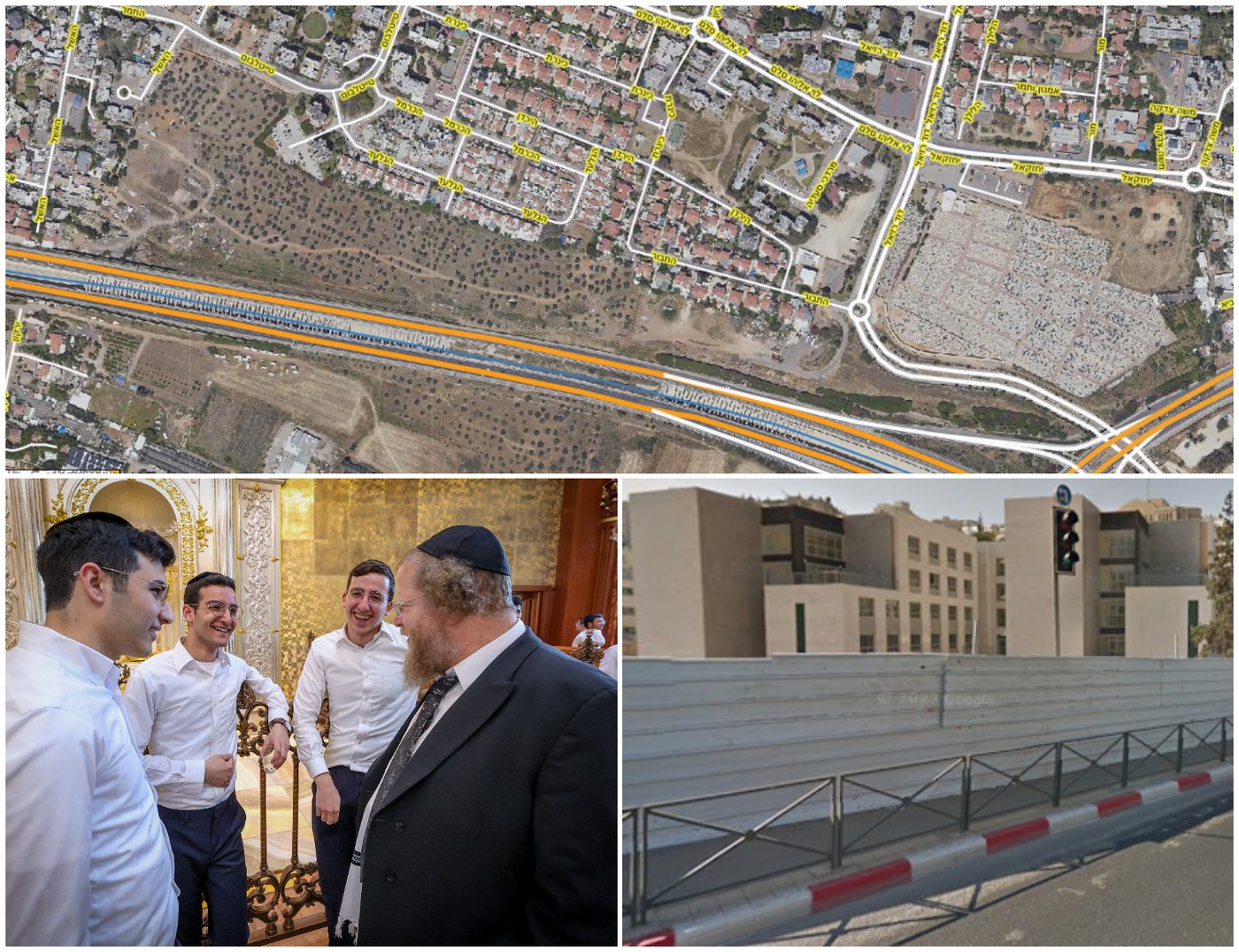 למעלה: שטח קריית הישיבה "תפארת" ברמלה | למטה מימין: סמינר דרכי רחל - הסניף | למטה משמאל: רה"י הגרש"ב סורוצקין בהיכל ישיבת עטרת שלמה