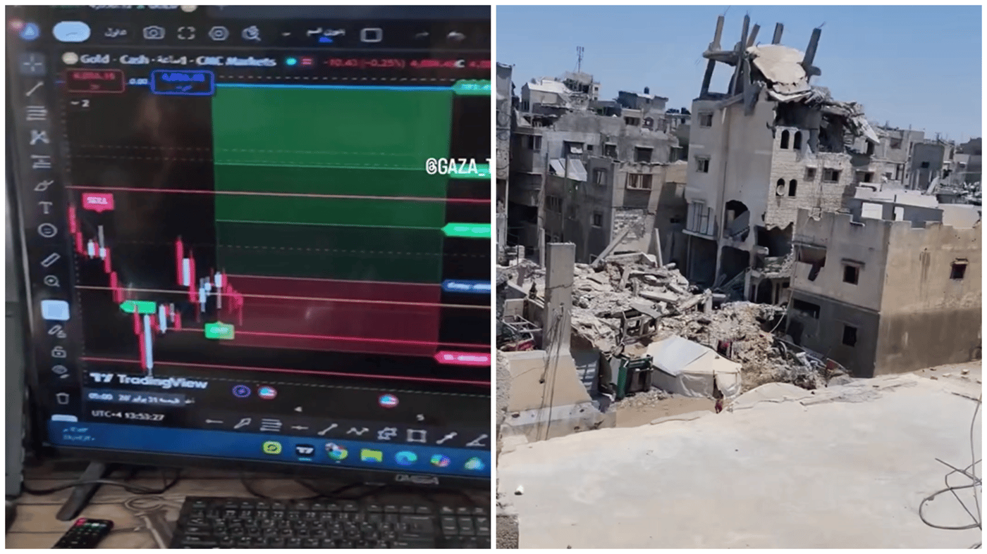 עמדת מסחר בזהב בתוך אוהל בין הריסות עזה