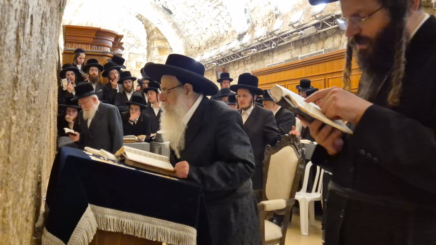 האדמו"ר מצאנז קלויזנבורג שליט"א בתפילה בכותל המערבי | צילום: באדיבות המצלם
