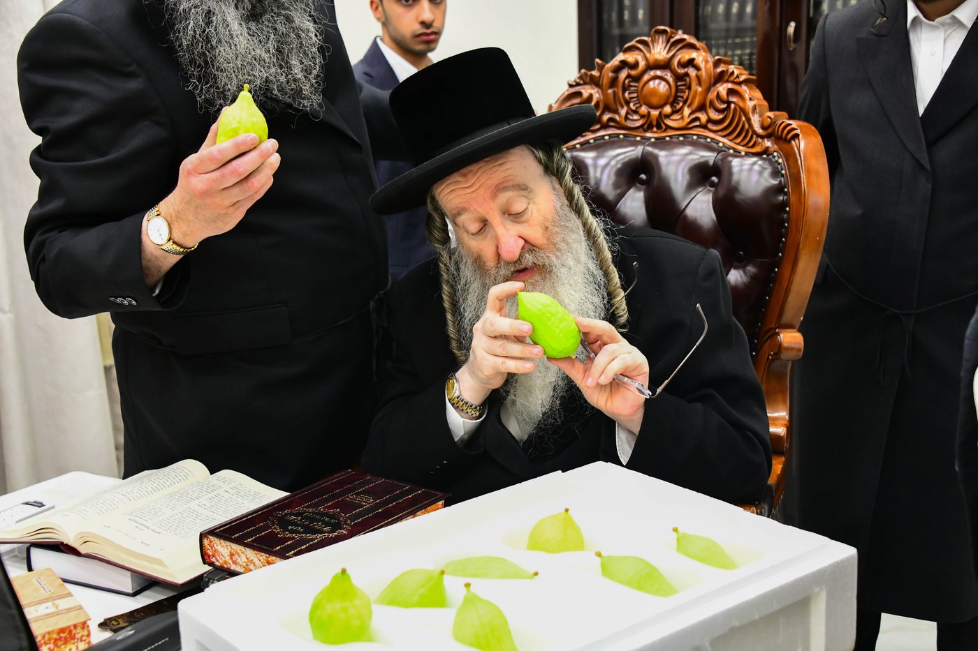 כבוד קדושת האדמו"ר מביאלה שליט"א בבחירת אתרוגים לקראת חג הסוכות | צילום: שוקי לרר
