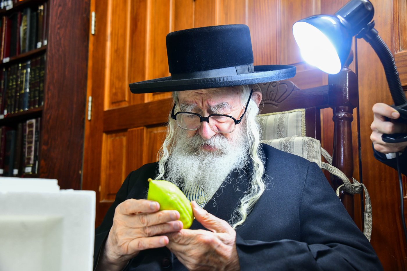 כבוד קדושת האדמו"ר ממשכנות הרועים שליט"א בבחירת אתרוגים לקראת חג הסוכות | צילום: שוקי לרר