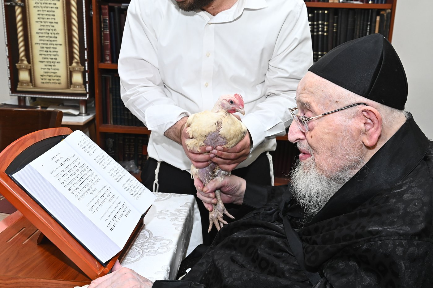 מרן הגאון רבי מאיר צבי ברגמן שליט"א במנהג כפרות | צילום: שוקי לרר