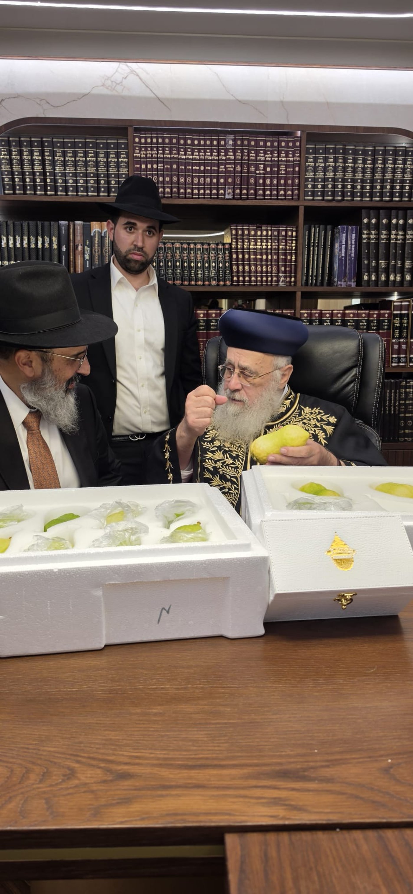 הראשון לציון הגאון רבי יצחק יוסף שליט"א בבדיקת אתרוגים | צילום: באדיבות המצלם