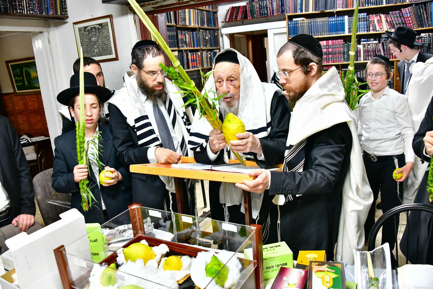 הגאון רבי ברוך דב פוברסקי והגאון רבי חיים פרץ ברמן בנטילת לולב | צילום: שוקי לרר