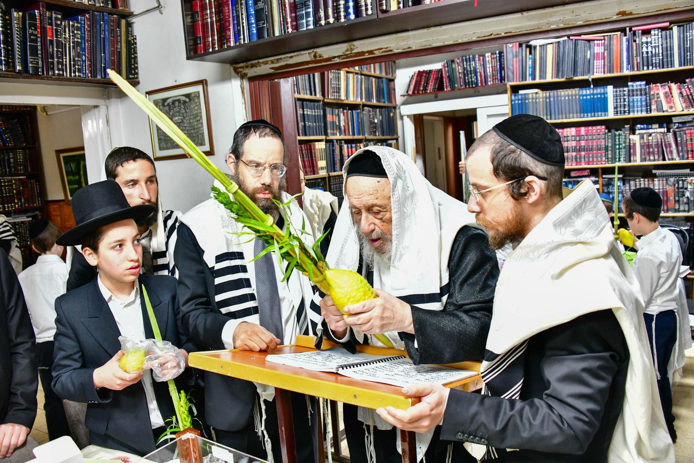 הגאון רבי ברוך דב פוברסקי והגאון רבי חיים פרץ ברמן בנטילת לולב | צילום: שוקי לרר