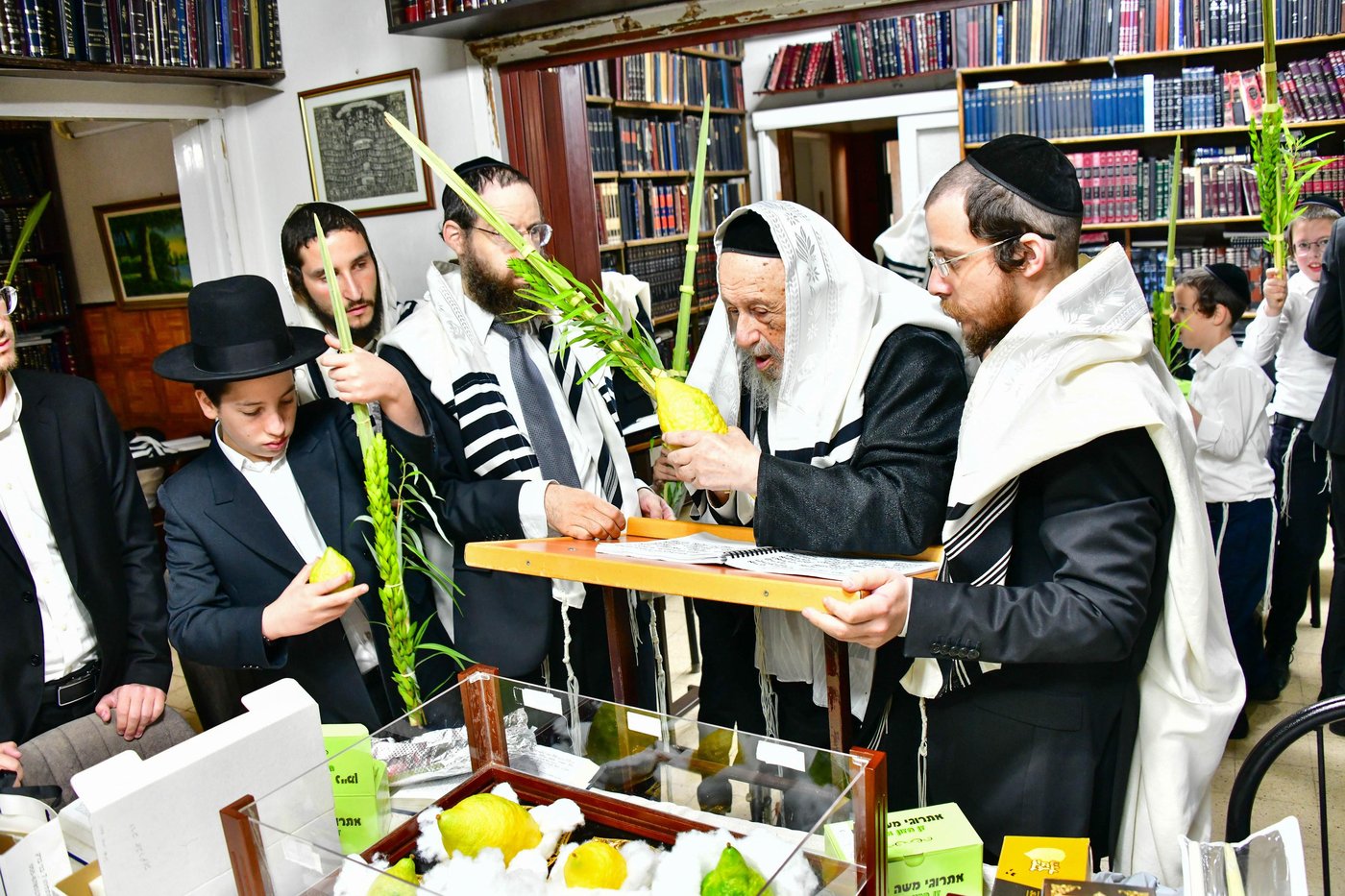הגאון רבי ברוך דב פוברסקי והגאון רבי חיים פרץ ברמן בנטילת לולב | צילום: שוקי לרר