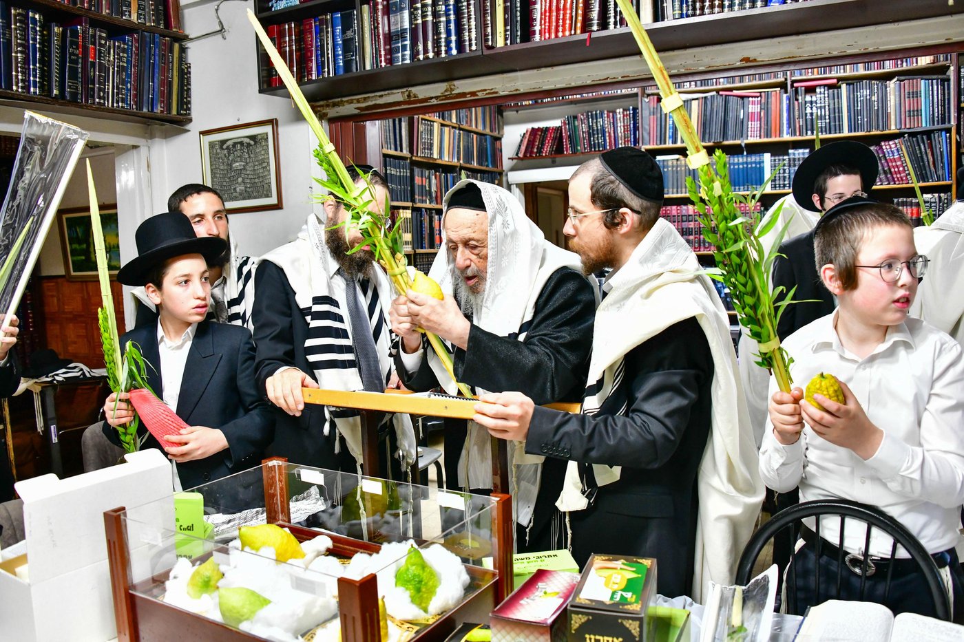 הגאון רבי ברוך דב פוברסקי והגאון רבי חיים פרץ ברמן בנטילת לולב | צילום: שוקי לרר