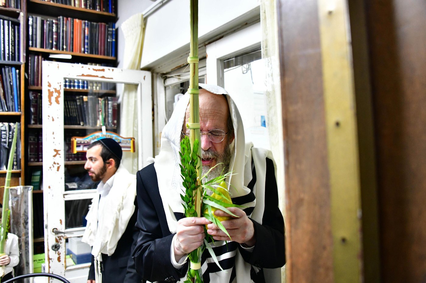 הגאון רבי ברוך דב פוברסקי והגאון רבי חיים פרץ ברמן בנטילת לולב | צילום: שוקי לרר