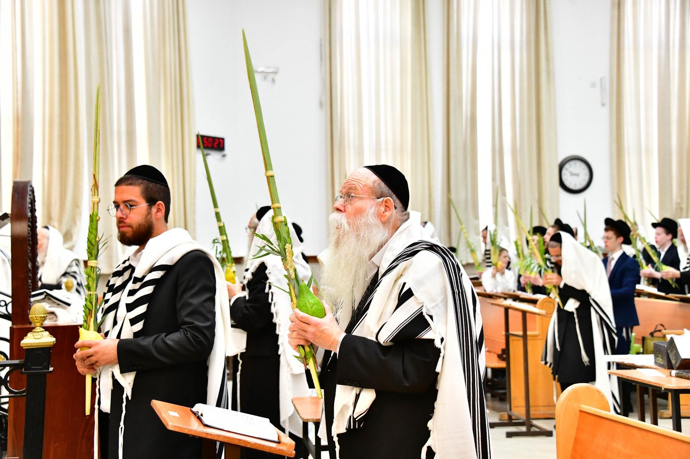 הגאון רבי דב לנדו והגאון רבי משה הלל הירש  בנטילת לולב | צילום: שוקי לרר